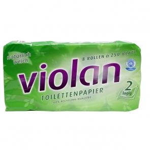 Toilettenpapier Fripa Violan 2-lagig RECYCLING wei mit Blauem Engel 9,4x11cm 8x8 Rollen  250 Bl.